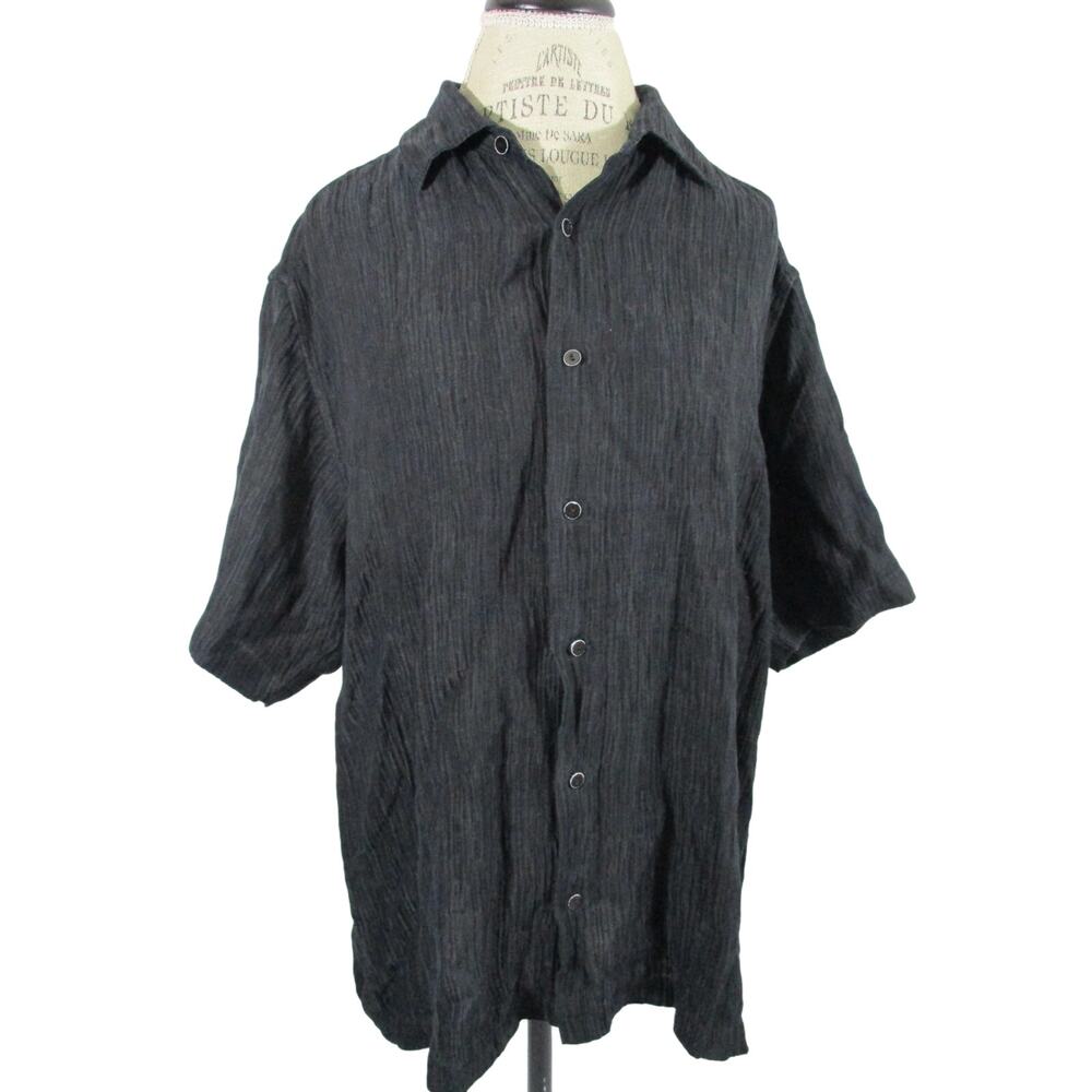 Vintage Jhane Barnes Black Silk Linen Blend Short Sleeve Button Down Blouse XL